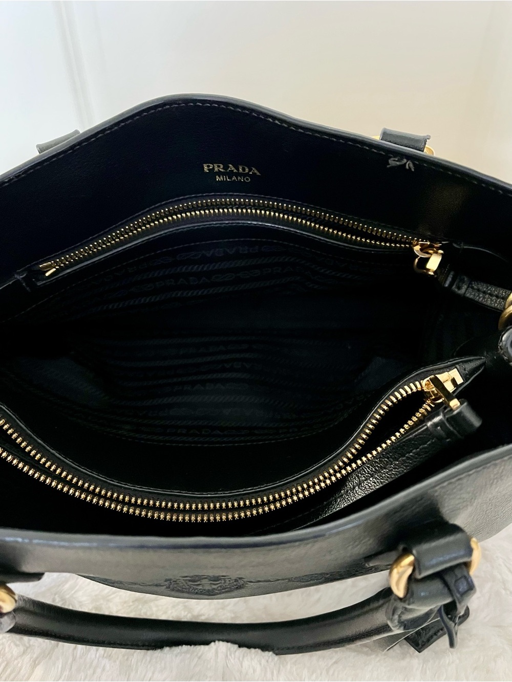 Prada Black Leather Glacé Calfskin Embossed Leather Logo Tote (Authentic) - Picture 9 of 15